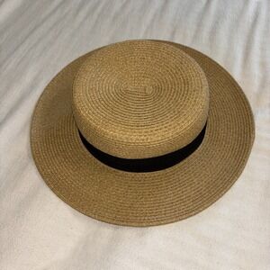 A New Day Paper Blend  Boater Style Sun Hat Black Rim OSFM Vacation Beach